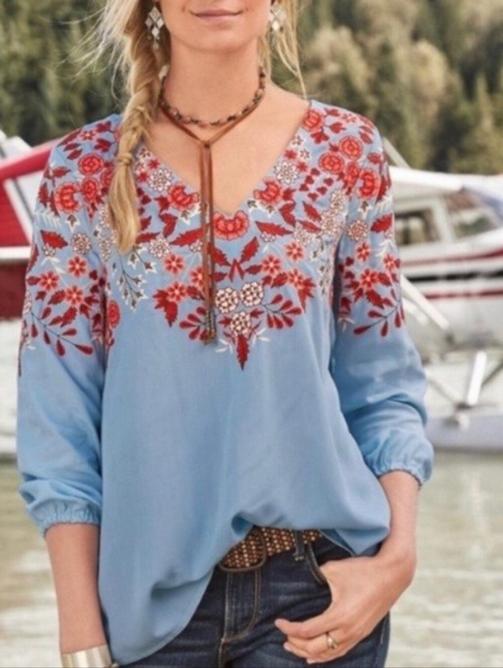 Sundance Light Blue V-Neck Blouse with Red Floral Embroidery